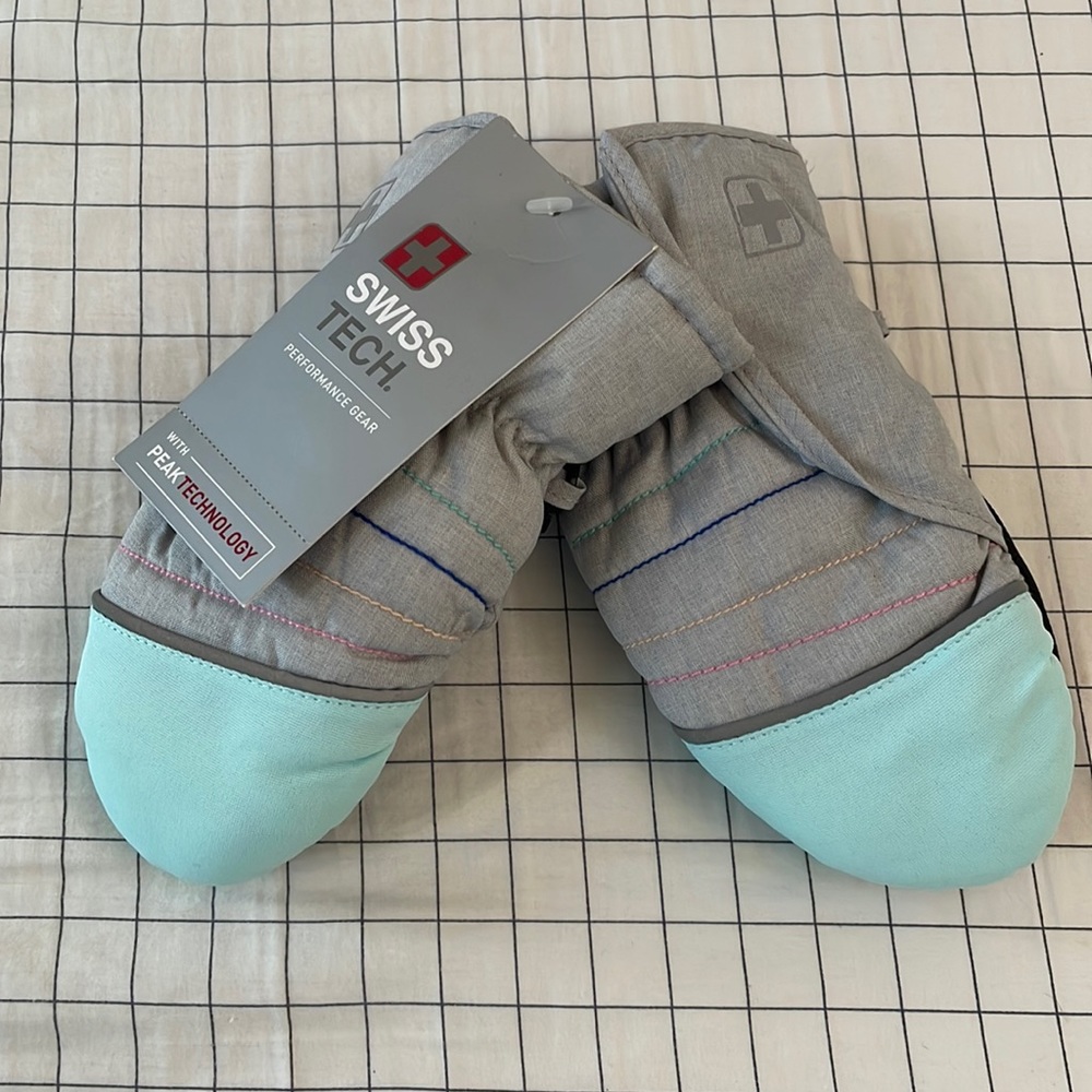 NWT Swiss tech 3M Thinsulate winter toddler mittens Velcro gray/ teal one size